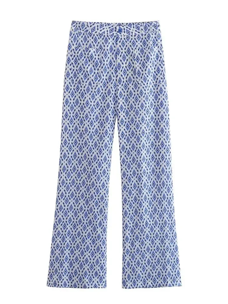 Ensemble Femme - Haut à Col Rond Sans Manches et Pantalon Long Taille Haute à Motif à Carreaux - Mode Été