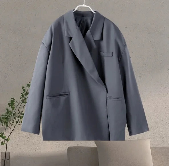 Women's Loose Fit Blazer - Lapel Collar - Hidden Closure - Side Slit - Long Sleeves - Trendy Jacket