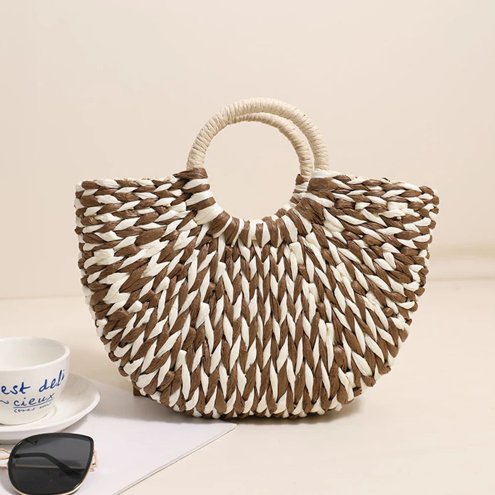 Sac Fourre-Tout Paille Femme - Grand Format - Demi-Lune - Couleurs Contrastées - Sac Tissé Plage Été
