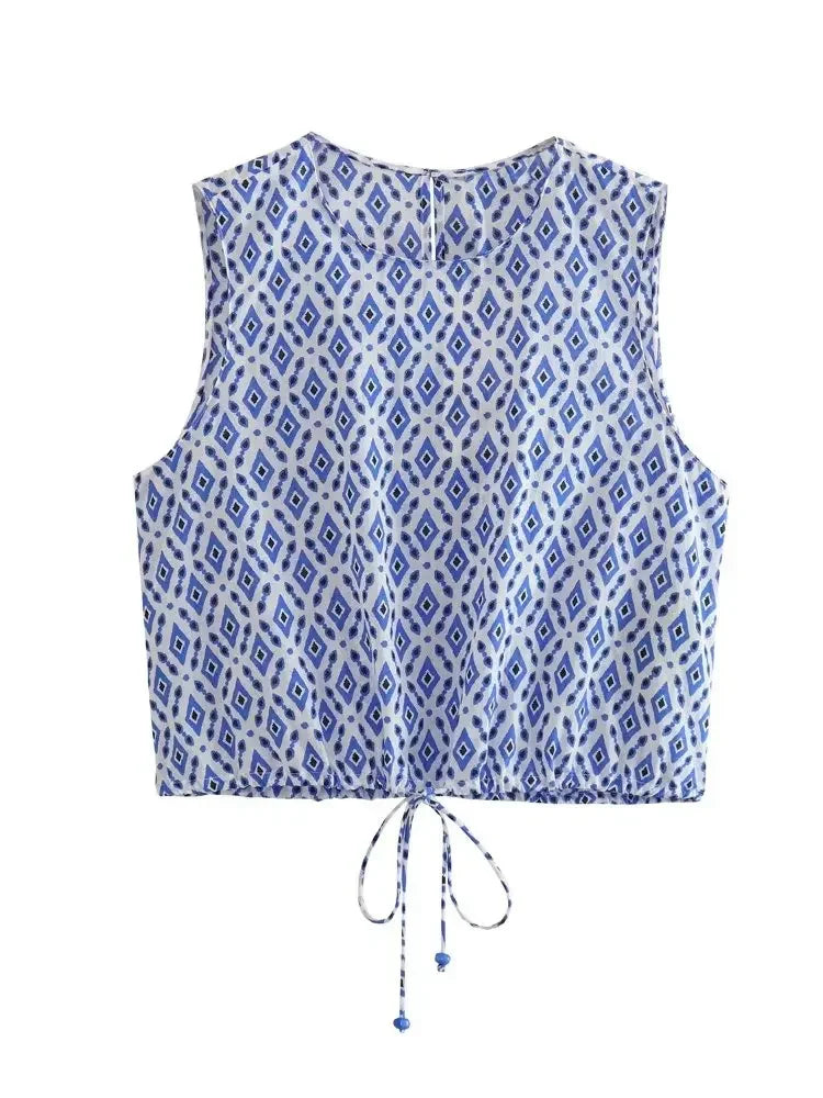 Ensemble Femme - Haut à Col Rond Sans Manches et Pantalon Long Taille Haute à Motif à Carreaux - Mode Été