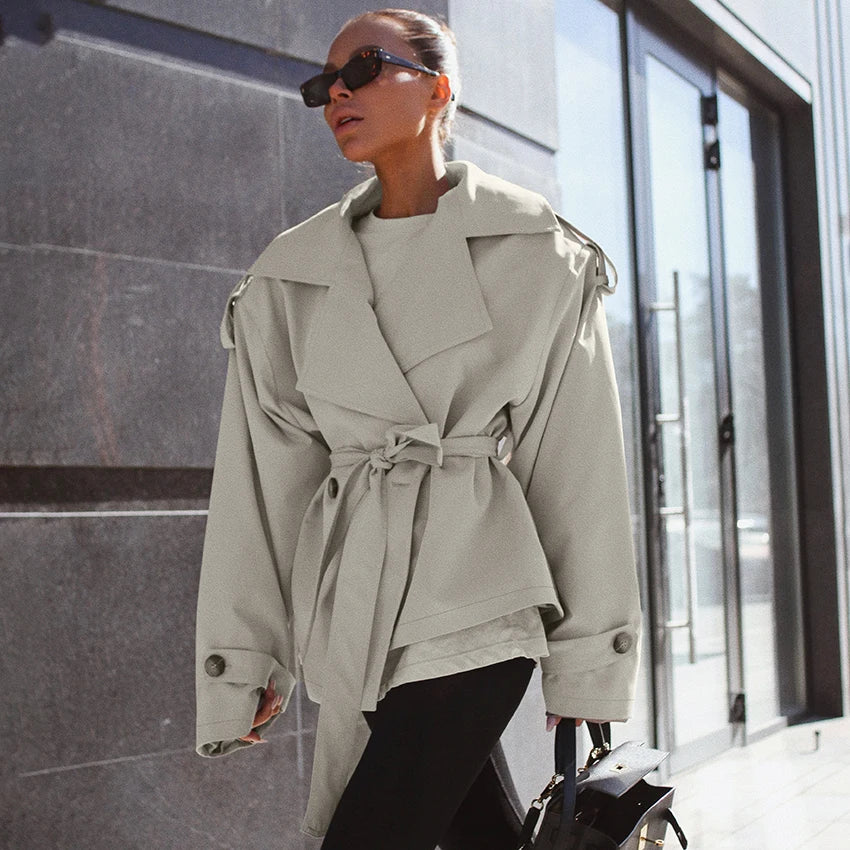 Veste Femme Safari Chic Kaki Clair – Patchwork Élégant, Boutonnée & Ceinturée – Automne