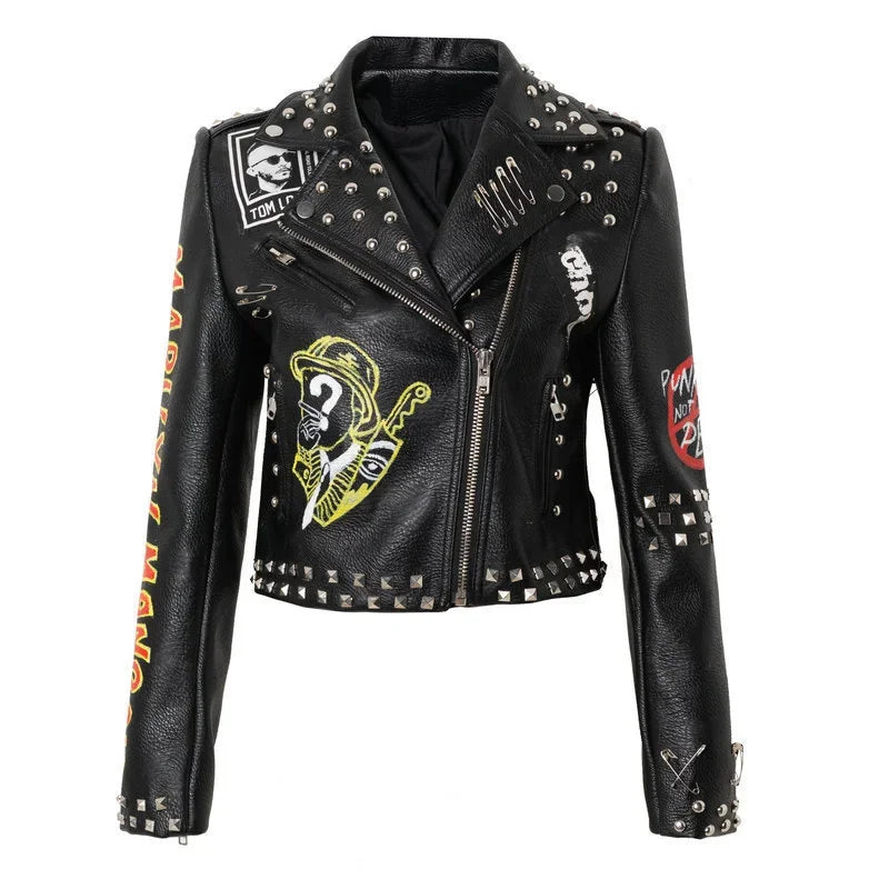 Veste Femme Simili Cuir Noire – Style Punk Rock Graffiti
