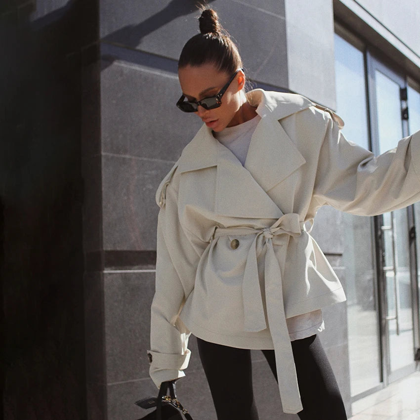 Veste Femme Safari Chic Kaki Clair – Patchwork Élégant, Boutonnée & Ceinturée – Automne