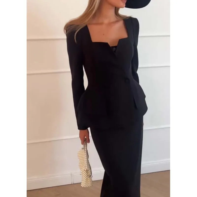 Women's Long Skirt and Top Set - Square Neck - Long Sleeves - Buttons - Chic Outfit