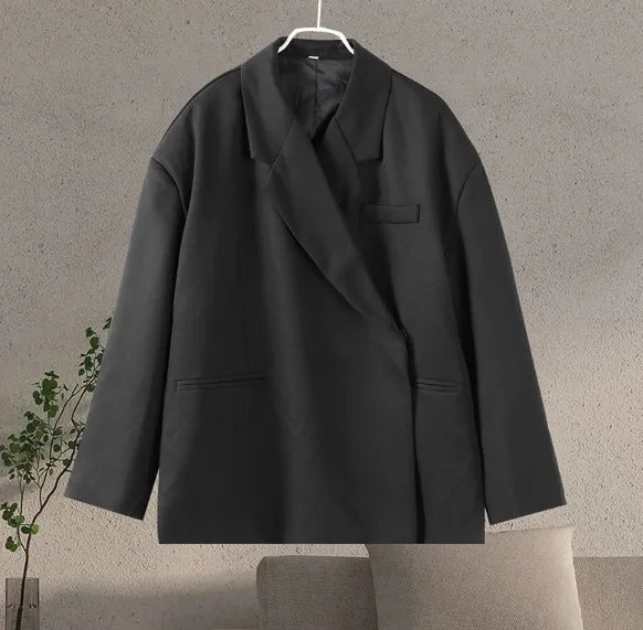 Women's Loose Fit Blazer - Lapel Collar - Hidden Closure - Side Slit - Long Sleeves - Trendy Jacket