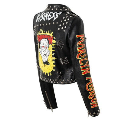 Veste Femme Simili Cuir Noire – Style Punk Rock Graffiti