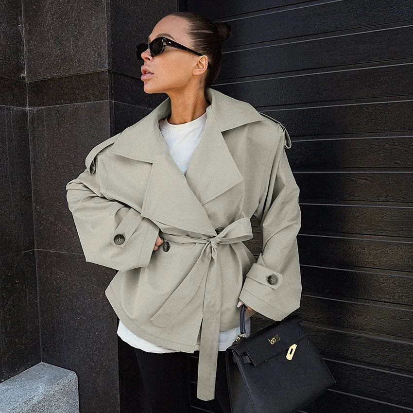 Veste Femme Safari Chic Kaki Clair – Patchwork Élégant, Boutonnée & Ceinturée – Automne