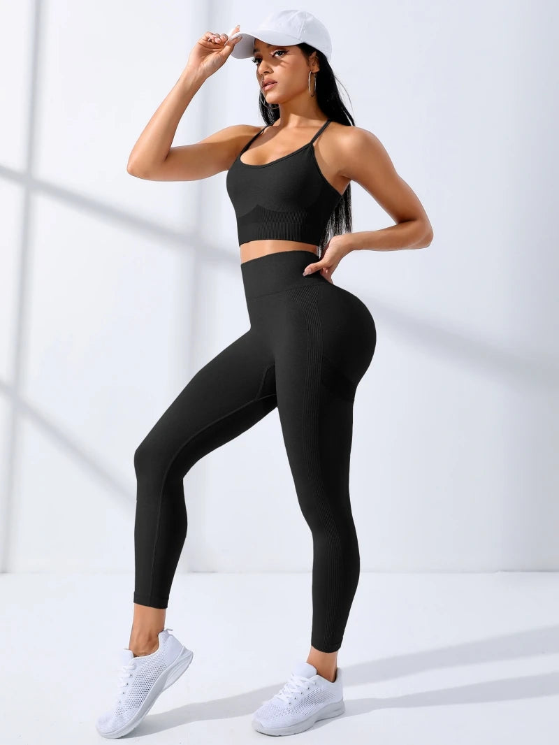 Women's 2 Piece Yoga Set - Leggings &amp; Sports Bra - Seamless Workout Outfit - Thin Straps - Stretchy
