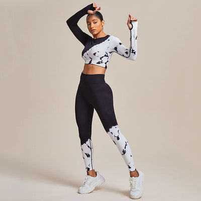 Sort og hvid 2-delt yogasæt - Højtaljede leggings og bh - sømløst aktivt tøj - stretchy og åndbar