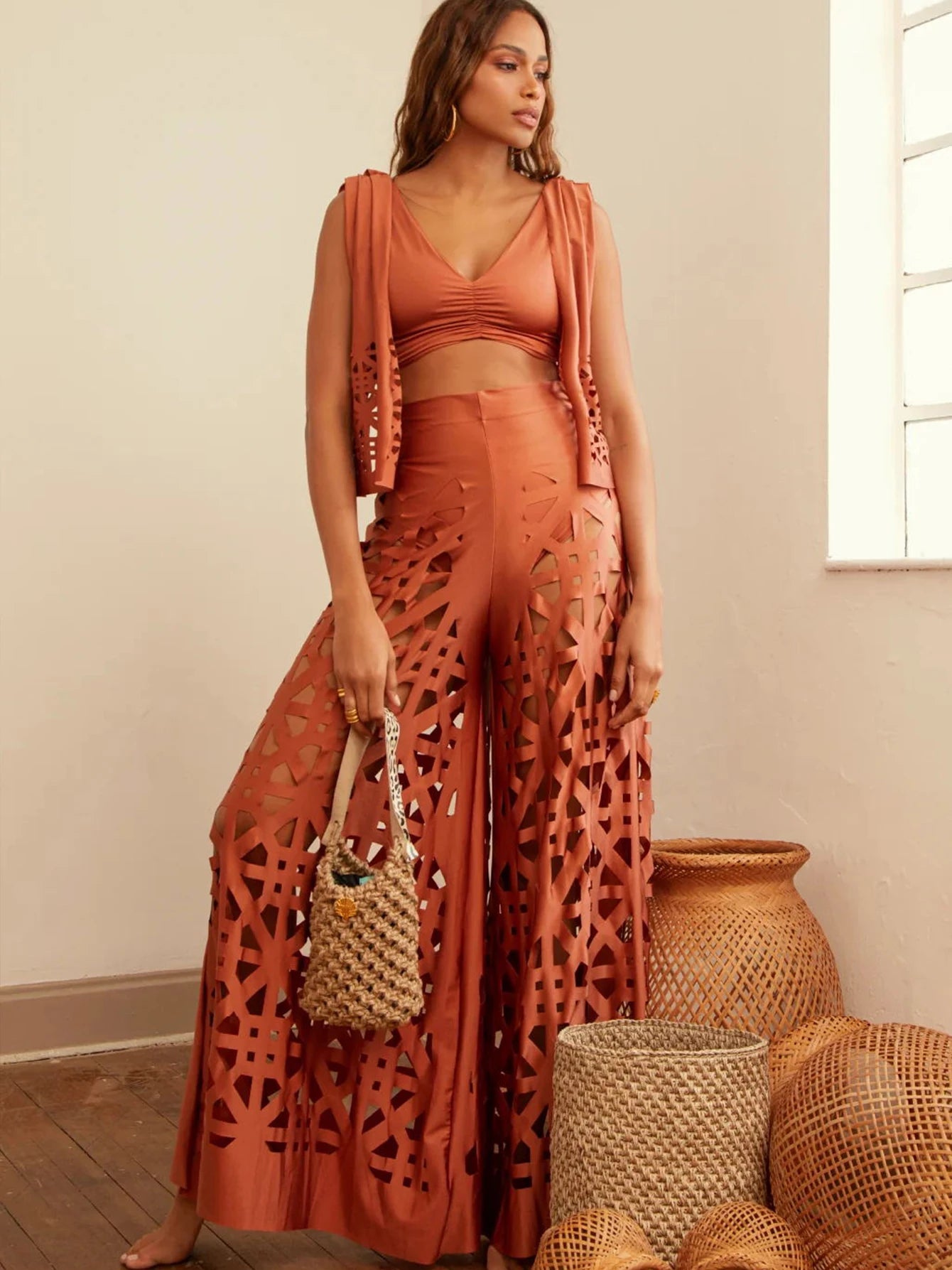 Ensemble Pantalon Sexy Femme - Coupe Bootcut - Découpes - Couleur Unie - Tenue Streetwear - Combinaison Femme