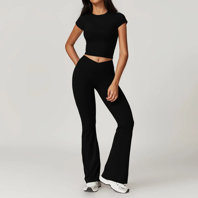 Damesportssæt i 2 dele - Udstrakte leggings &amp; croptop - Yoga- og fitnessoutfit - Åndbar - Slim Fit e mon