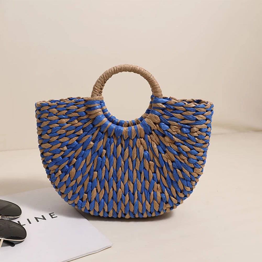 Sac Fourre-Tout Paille Femme - Grand Format - Demi-Lune - Couleurs Contrastées - Sac Tissé Plage Été