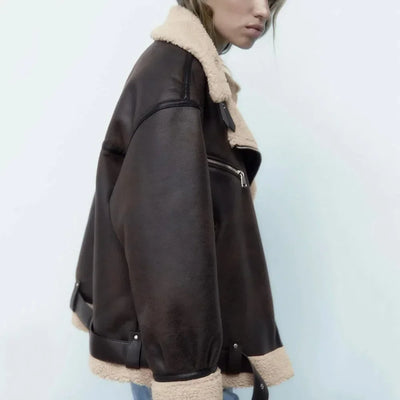 Veste Femme Hiver Chic – Effet Mouton Doublée, Col Revers et Ceinturée