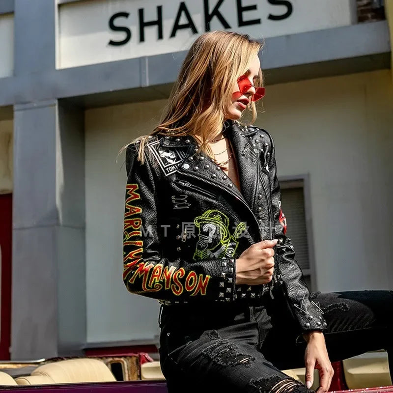 Veste Femme Simili Cuir Noire – Style Punk Rock Graffiti