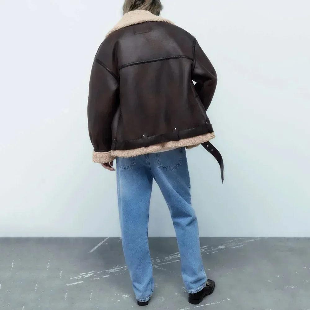 Veste Femme Hiver Chic – Effet Mouton Doublée, Col Revers et Ceinturée