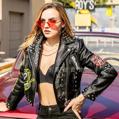 Veste Femme Simili Cuir Noire – Style Punk Rock Graffiti