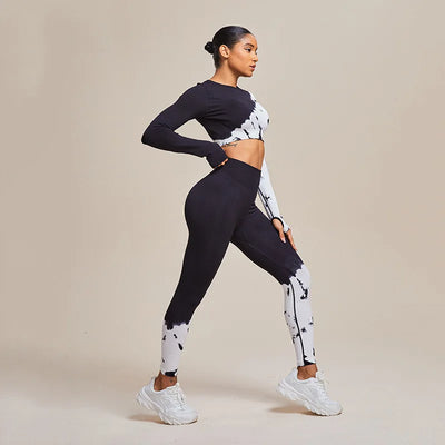 Sort og hvid 2-delt yogasæt - Højtaljede leggings og bh - sømløst aktivt tøj - stretchy og åndbar
