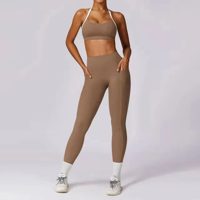 Damesportssæt i 2 dele - Leggings og bh - Rygløs - Hurtigttørrende - Yoga, løb og fitness