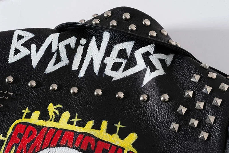 Veste Femme Simili Cuir Noire – Style Punk Rock Graffiti