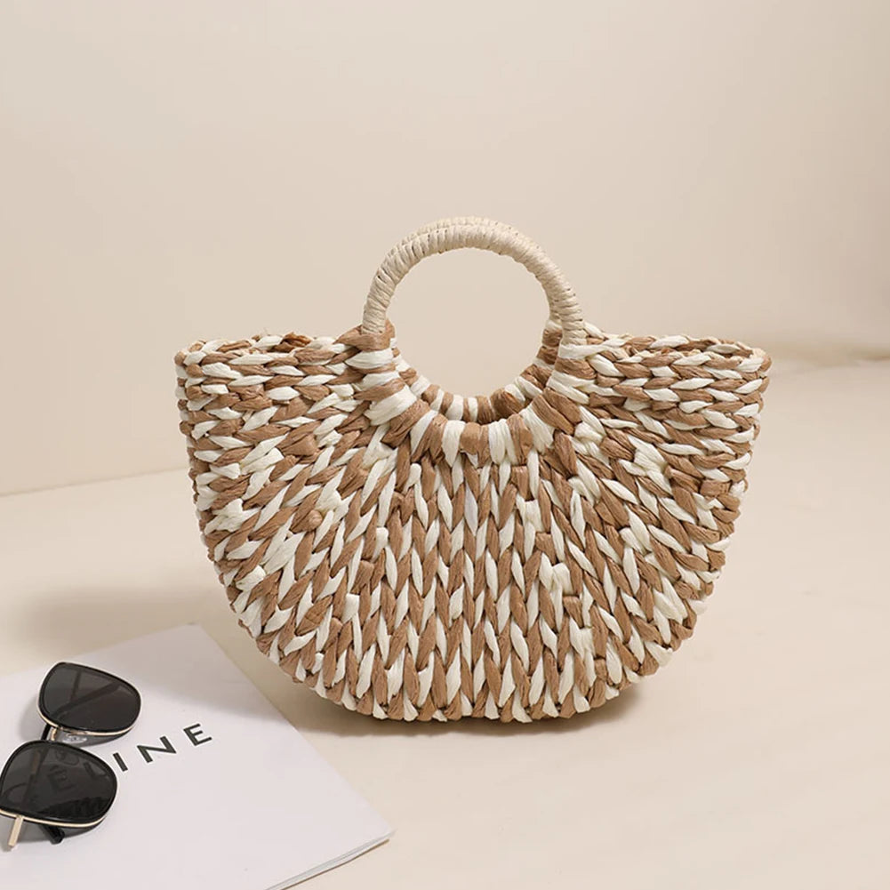 Sac Fourre-Tout Paille Femme - Grand Format - Demi-Lune - Couleurs Contrastées - Sac Tissé Plage Été