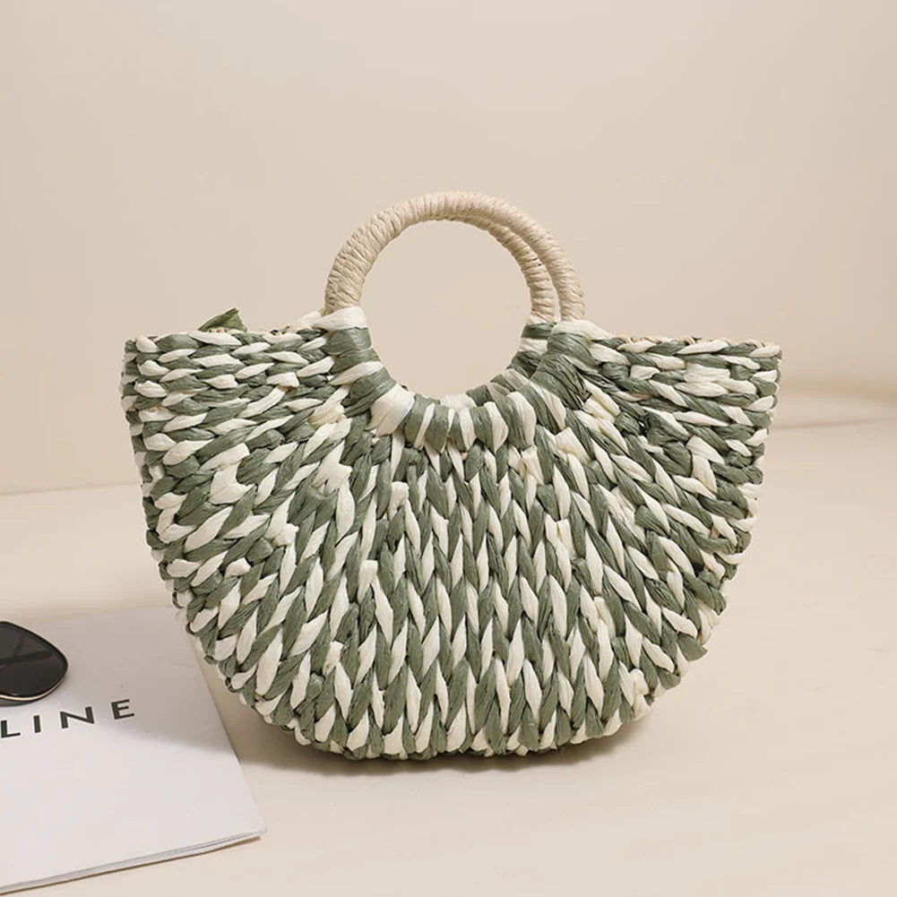 Sac Fourre-Tout Paille Femme - Grand Format - Demi-Lune - Couleurs Contrastées - Sac Tissé Plage Été