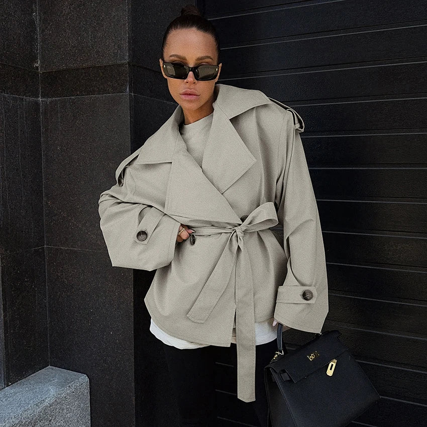 Veste Femme Safari Chic Kaki Clair – Patchwork Élégant, Boutonnée & Ceinturée – Automne