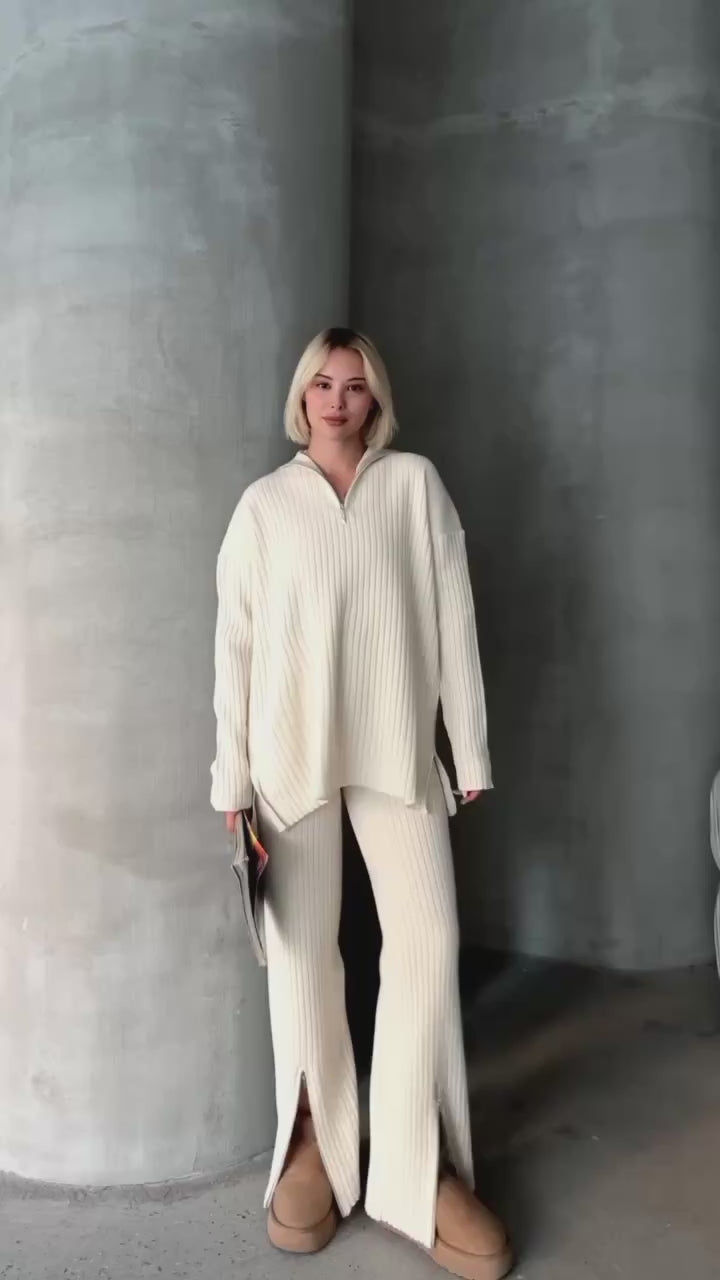 Women's Pants Set - Ribbed Zip Top and Wide Leg Slit Pants - Elegant Outfit - International Fashion
